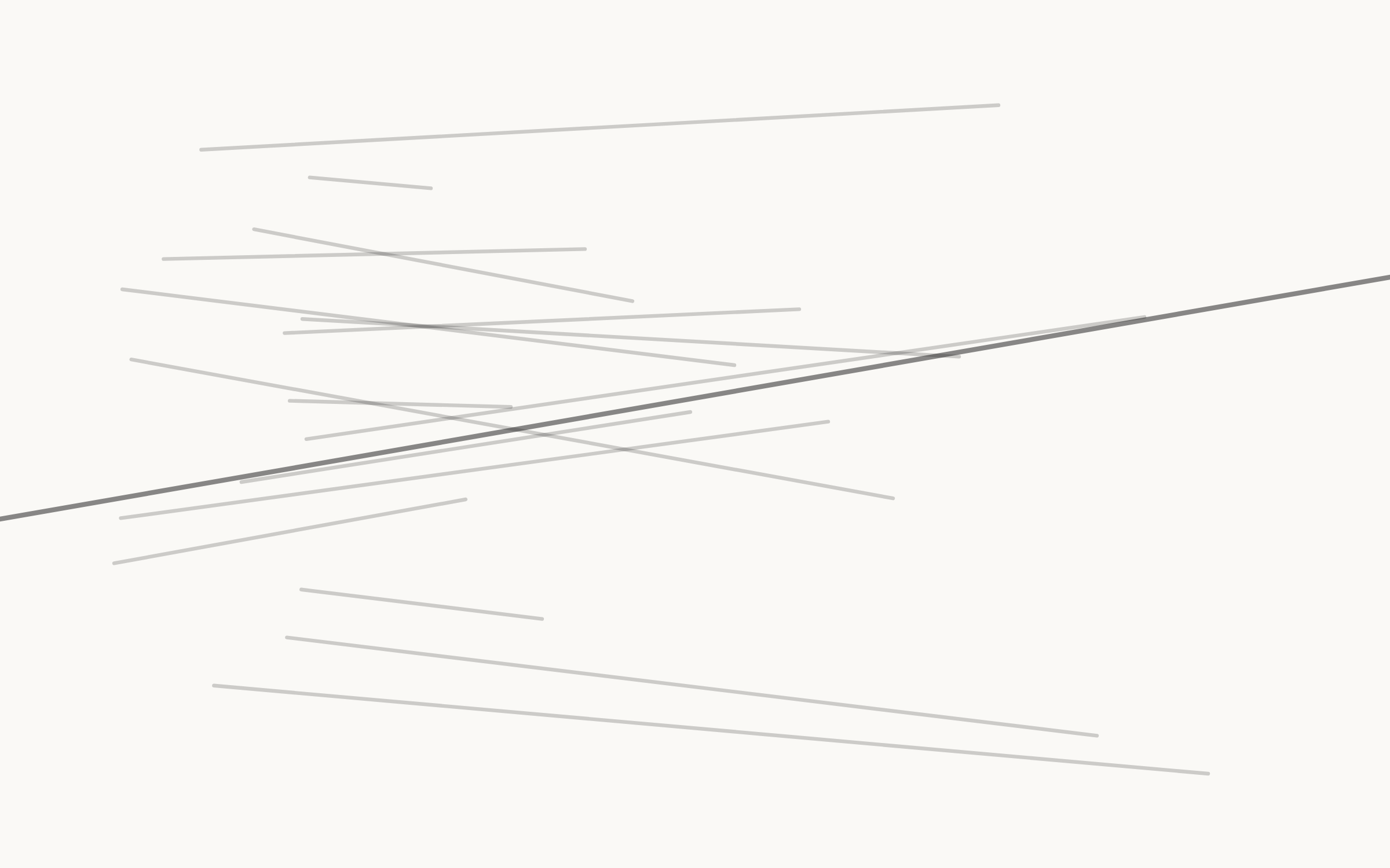 A drawing of many fine runs setting out across a page from a loose region and stopping, each at its own distance and none of them marked as having failed, with one heavier run passing through them and continuing off both edges. It stands for what the passage beside it describes: the offered possibility and the chosen sentence are the same kind of thing, and what separates them is that one of them went on.
