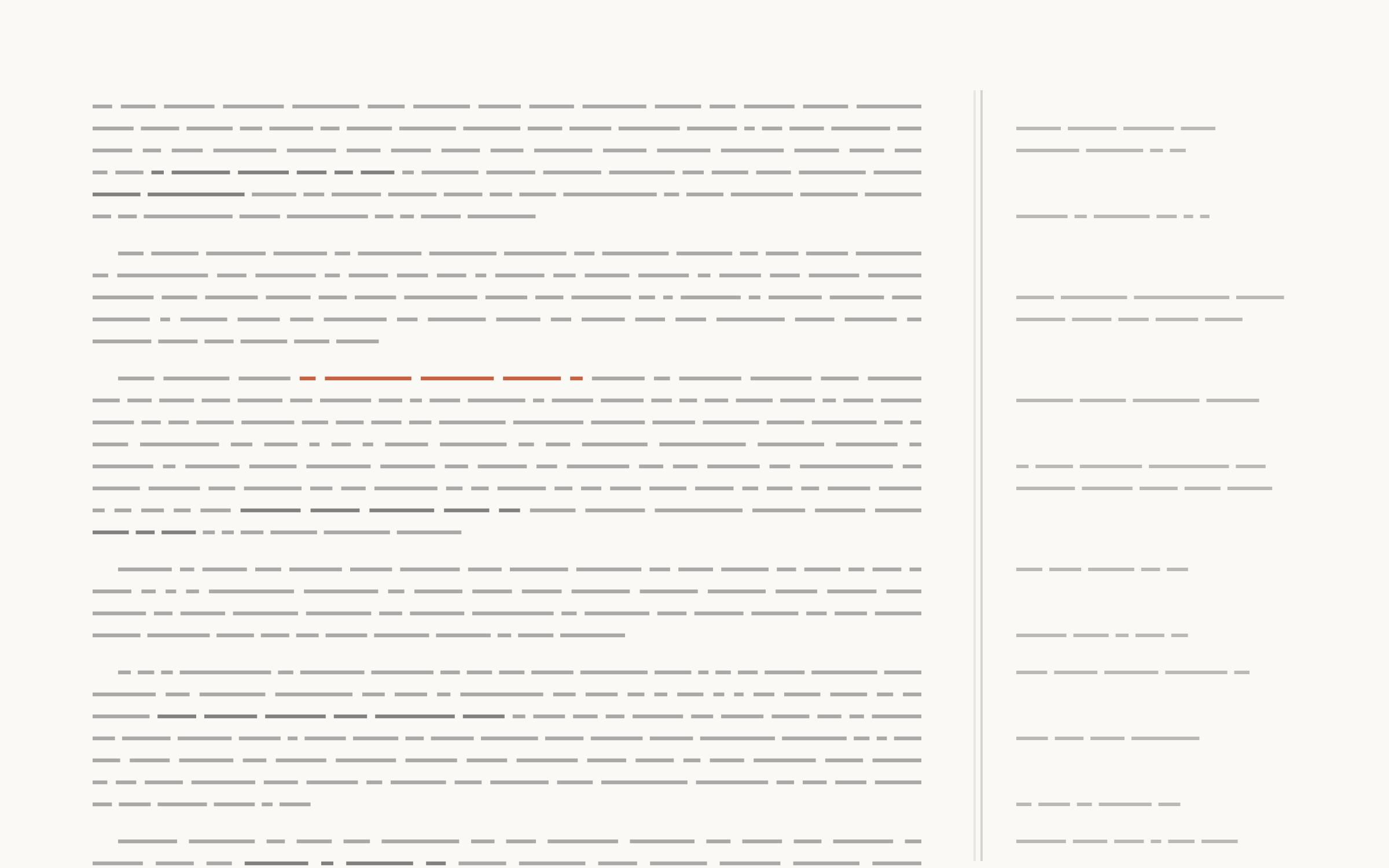 A drawing of a passage of prose, set as marks the size of words. Several runs inside it are in a denser ink, one of them terracotta, set into the lines they became part of; others in the same hand sit out past a margin rule, on the lines' own baselines but outside the measure. It stands for a revision answered a span at a time: the passage runs unbroken through both, and nothing outside the rule joins it.
